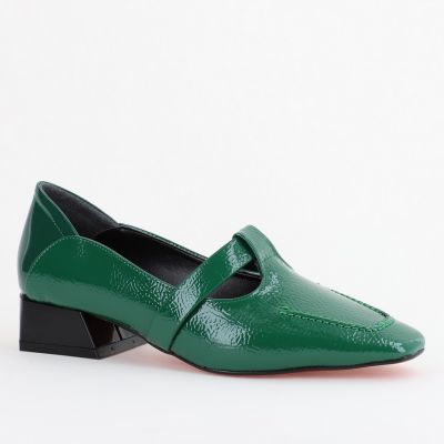Pantofi Damă cu Toc Jos din Piele Ecologică Verde Lucios (BS501D2403840)