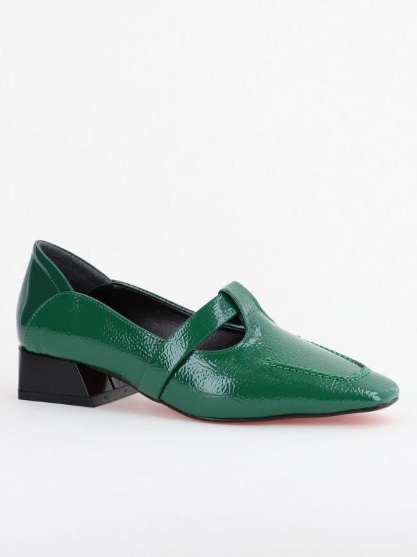 Incaltaminte Dama - Pantofi Damă cu Toc Jos din Piele Ecologică Verde Lucios (BS501D2403840)