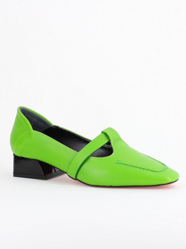 Incaltaminte Dama - Pantofi Damă cu Toc Jos din Piele Ecologică Verde Lemon (BS501D2403837)