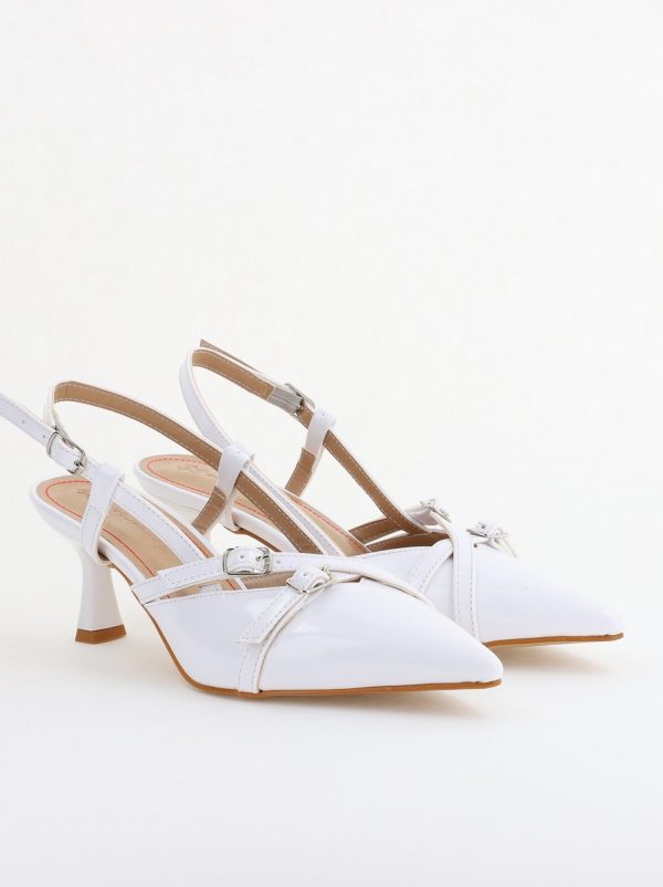 Pantofi Damă cu Toc Subțire din Piele Ecologică cu cataramă Alb BS100AY2403855 126