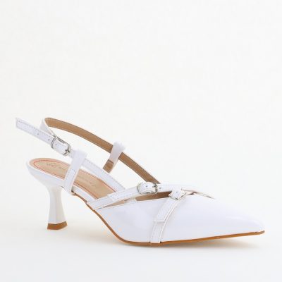 Pantofi Damă cu Toc Subțire din Piele Ecologică cu cataramă Alb BS100AY2403855