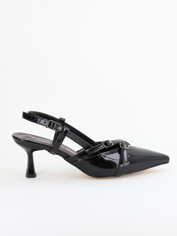 Pantofi Damă cu Toc Subțire din Piele Ecologică cu cataramă Negru BS100AY2403856 124