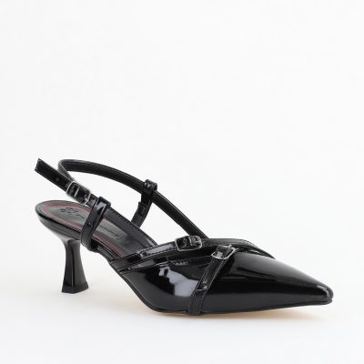 Pantofi Damă cu Toc Subțire din Piele Ecologică cu cataramă Negru BS100AY2403856