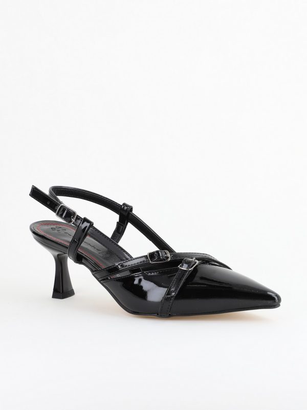 Incaltaminte Dama - Pantofi Damă cu Toc Subțire din Piele Ecologică cu cataramă Negru BS100AY2403856