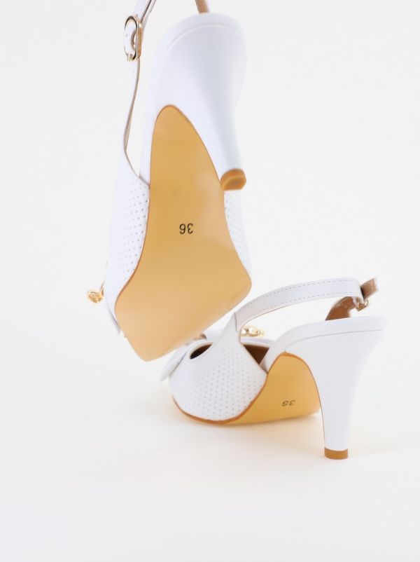 Pantofi Damă cu Toc Subțire din Piele Ecologică cu Elemente Metalice Albi (BS700AY2402785) 126