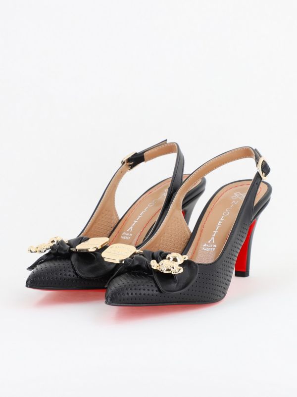 Pantofi Damă cu Toc Subțire din Piele Ecologică cu Elemente Metalice Negri (BS700AY2402786) 120