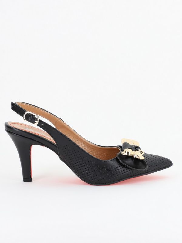 Pantofi Damă cu Toc Subțire din Piele Ecologică cu Elemente Metalice Negri (BS700AY2402786) 122