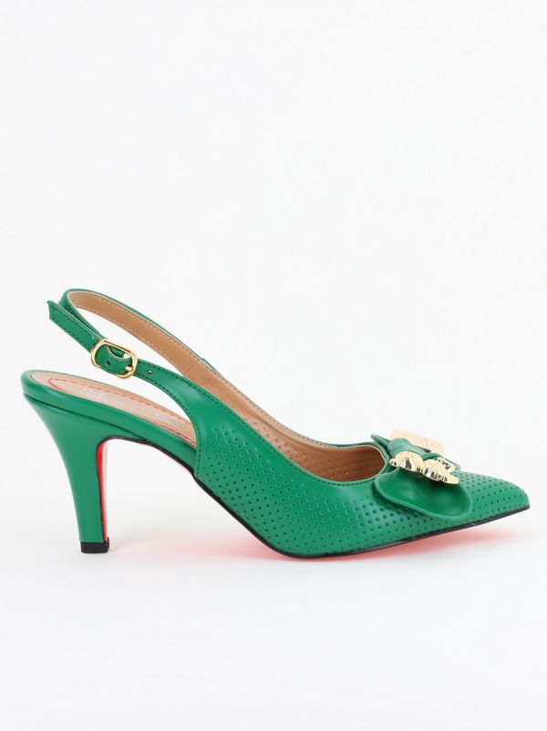 Pantofi Damă cu Toc Subțire din Piele Ecologică cu Elemente Metalice Verde BS700AY2402788 122