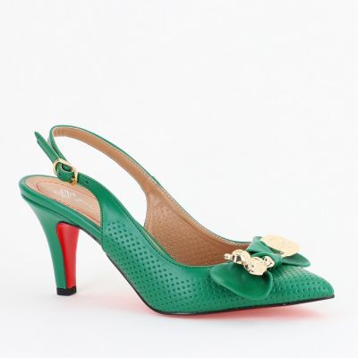 Pantofi Damă cu Toc Subțire din Piele Ecologică cu Elemente Metalice Verde BS700AY2402788
