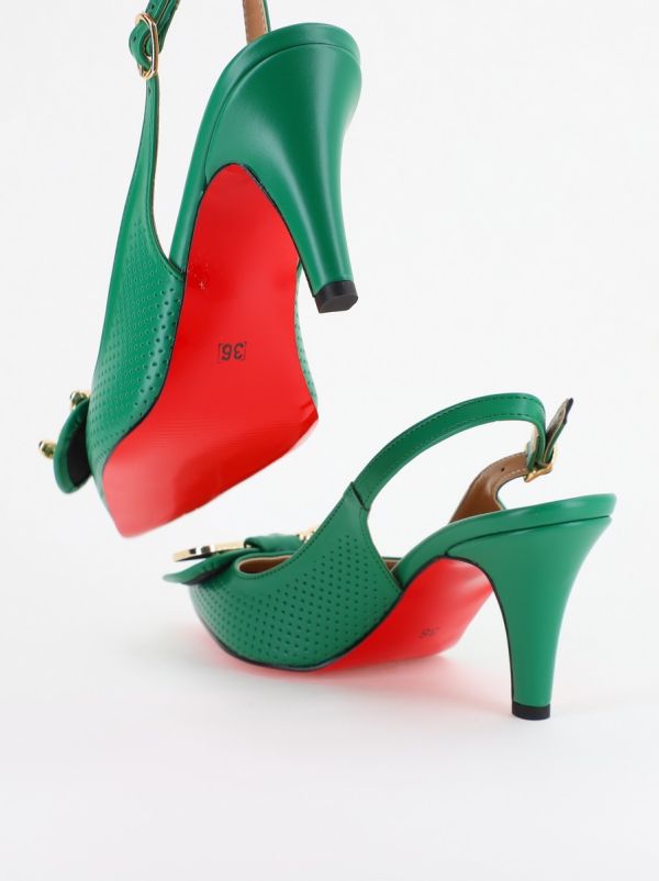 Pantofi Damă cu Toc Subțire din Piele Ecologică cu Elemente Metalice Verde BS700AY2402788 126