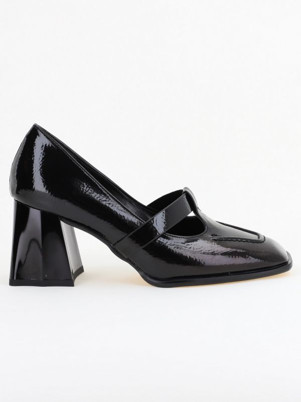 Pantofi Dama Piele Eco Vartf Drept cu Toc Gros Negru lucios BS1254PT2402762 123