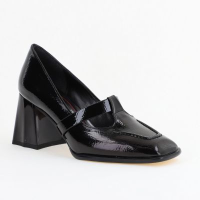 Pantofi Dama Piele Eco Vartf Drept cu Toc Gros Negru lucios BS1254PT2402762