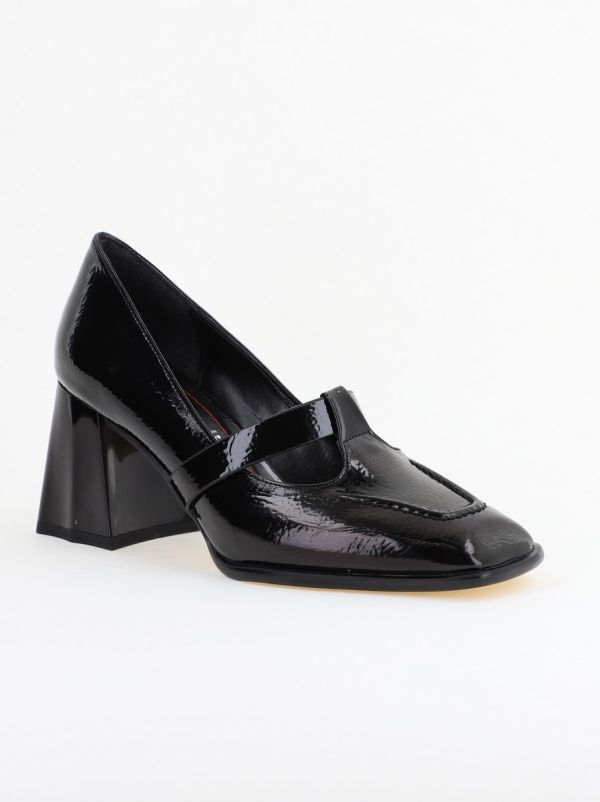 Incaltaminte Dama - Pantofi Dama Piele Eco Vartf Drept cu Toc Gros Negru lucios BS1254PT2402762