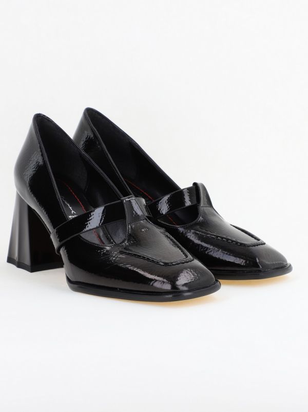 Pantofi Dama Piele Eco Vartf Drept cu Toc Gros Negru lucios BS1254PT2402762 121