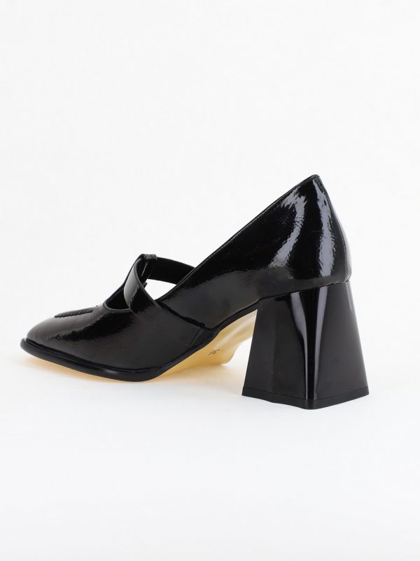 Pantofi Dama Piele Eco Vartf Drept cu Toc Gros Negru lucios BS1254PT2402762 119
