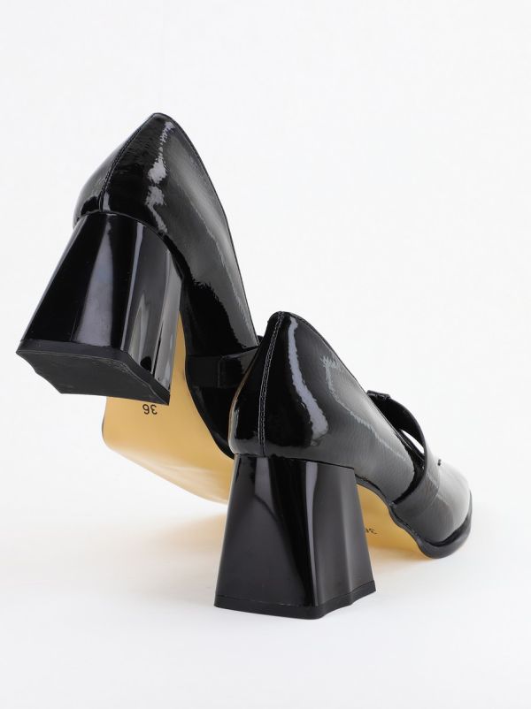 Pantofi Dama Piele Eco Vartf Drept cu Toc Gros Negru lucios BS1254PT2402762 120