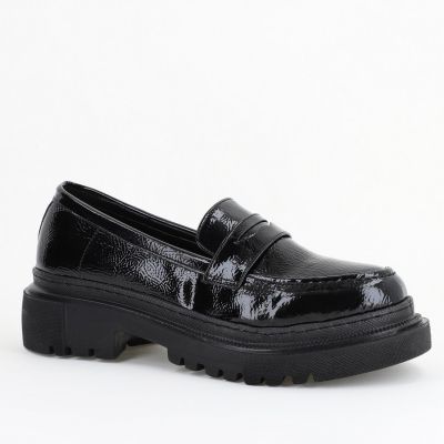 Pantofi Loafers Dama Piele Eco Negru lucios Varf Rotund - BS200AY2402768