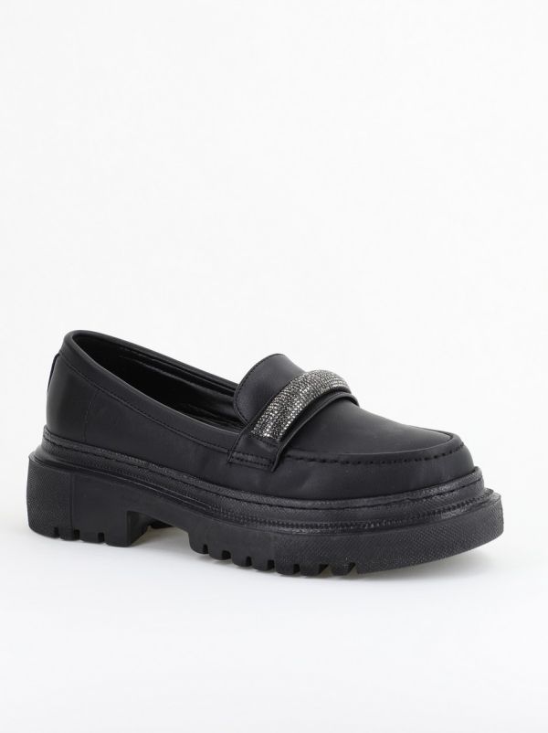 Incaltaminte Dama - Pantofi Loafers Dama Piele Eco Negru mat Varf Rotund - BS206AY2402770