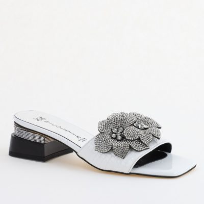 Saboți cu toc jos pentru femei, cu un design floral și detalii strălucitoare, piele ecologică culoare Alb BS90TR2403865