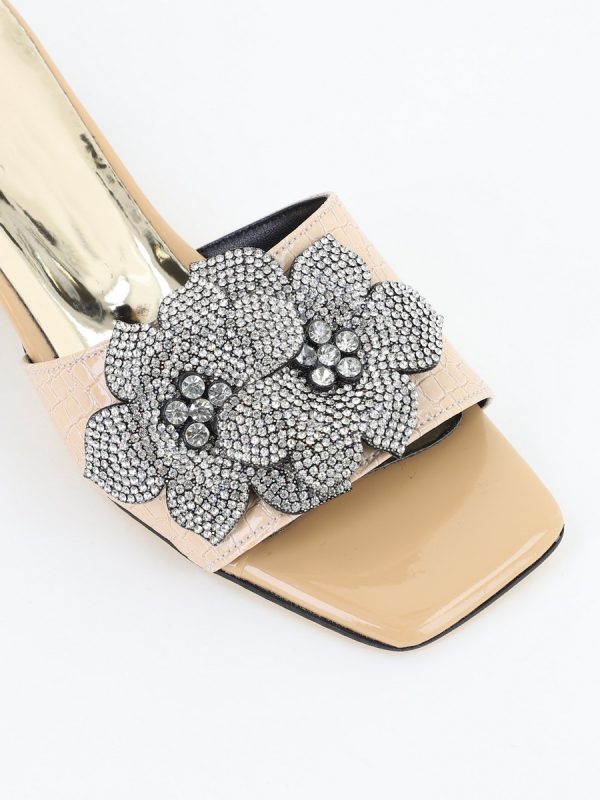 Saboți cu toc jos pentru femei, cu un design floral și detalii strălucitoare, piele ecologică culoare Bej BS90TR2403864 127