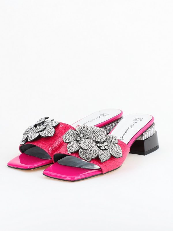 Saboți cu toc jos pentru femei, cu un design floral și detalii strălucitoare, piele ecologică culoare Fuchsia BS90TR2403863 120