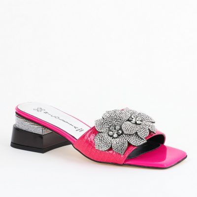 Saboți cu toc jos pentru femei, cu un design floral și detalii strălucitoare, piele ecologică culoare Fuchsia BS90TR2403863