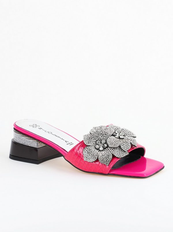 Incaltaminte Dama - Saboți cu toc jos pentru femei, cu un design floral și detalii strălucitoare, piele ecologică culoare Fuchsia BS90TR2403863