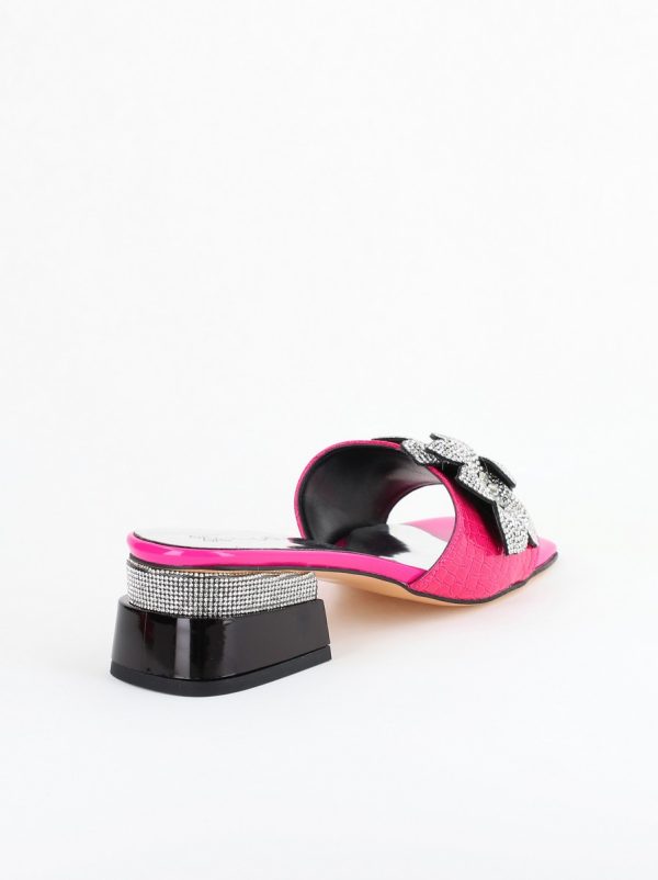 Saboți cu toc jos pentru femei, cu un design floral și detalii strălucitoare, piele ecologică culoare Fuchsia BS90TR2403863 124