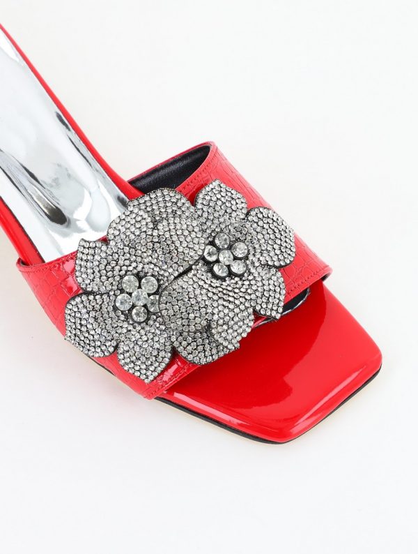 Saboți cu toc jos pentru femei, cu un design floral și detalii strălucitoare, piele ecologică culoare Roșu BS90TR2403867 126