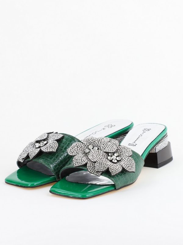 Saboți cu toc jos pentru femei, cu un design floral și detalii strălucitoare, piele ecologică culoare Verde BS90TR2403866 120