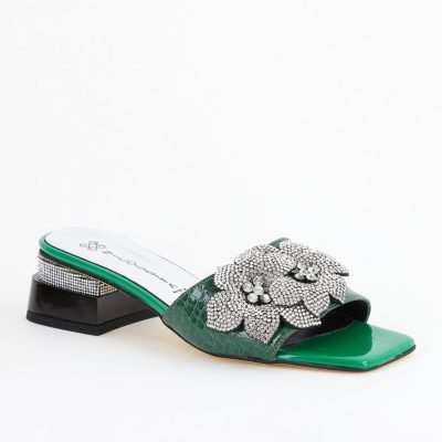 Saboți cu toc jos pentru femei, cu un design floral și detalii strălucitoare, piele ecologică culoare Verde BS90TR2403866