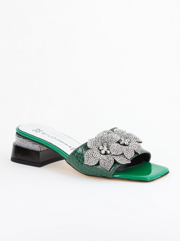 Incaltaminte Dama - Saboți cu toc jos pentru femei, cu un design floral și detalii strălucitoare, piele ecologică culoare Verde BS90TR2403866