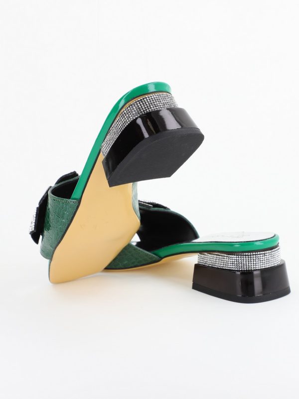 Saboți cu toc jos pentru femei, cu un design floral și detalii strălucitoare, piele ecologică culoare Verde BS90TR2403866 123