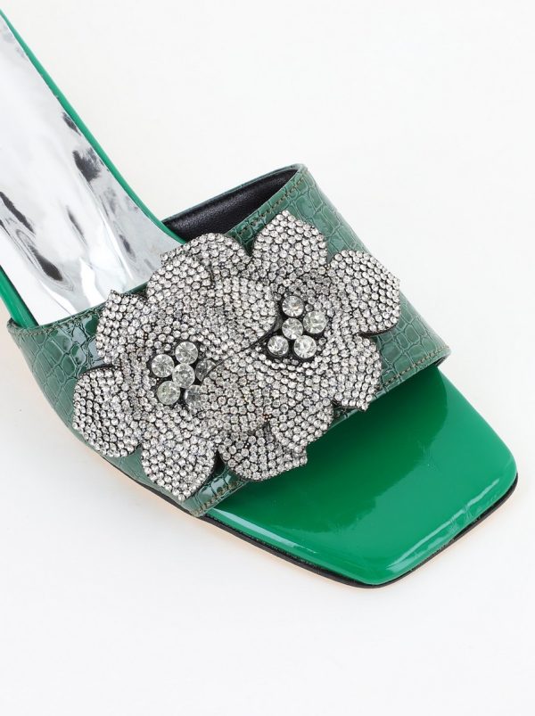 Saboți cu toc jos pentru femei, cu un design floral și detalii strălucitoare, piele ecologică culoare Verde BS90TR2403866 124