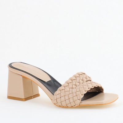 Saboți Damă Cu Toc Gros Piele ecologică Cu Model Împletit culoare Bej BS113TR2403821