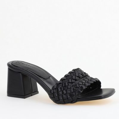 Saboți Damă Cu Toc Gros Piele ecologică Cu Model Împletit culoare Negru BS113TR2403823