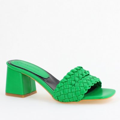 Saboți Damă Cu Toc Gros Piele ecologică Cu Model Împletit culoare Verde BS113TR2403824