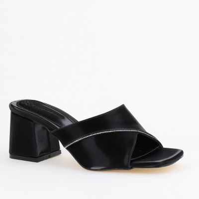 Saboți Damă Toc Gros Piele Ecologică cu Pietricele Negru (BS100YTR2402784)