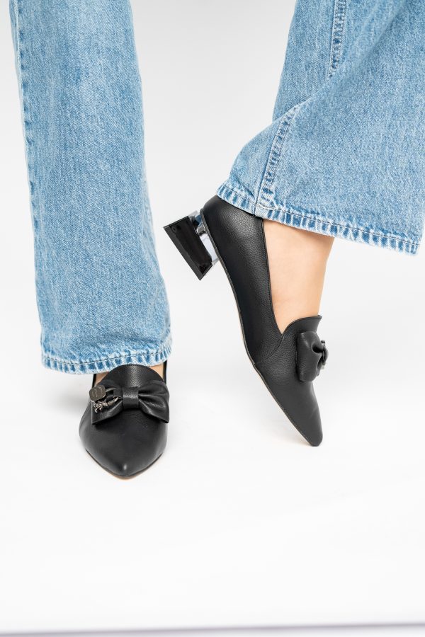 Pantofi cu Toc Jos Eleganti cu Fundita din Piele Ecologică Negri BS167BA2411172 123