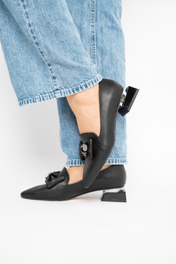 Pantofi cu Toc Jos Eleganti cu Fundita din Piele Ecologică Negri BS167BA2411172 128