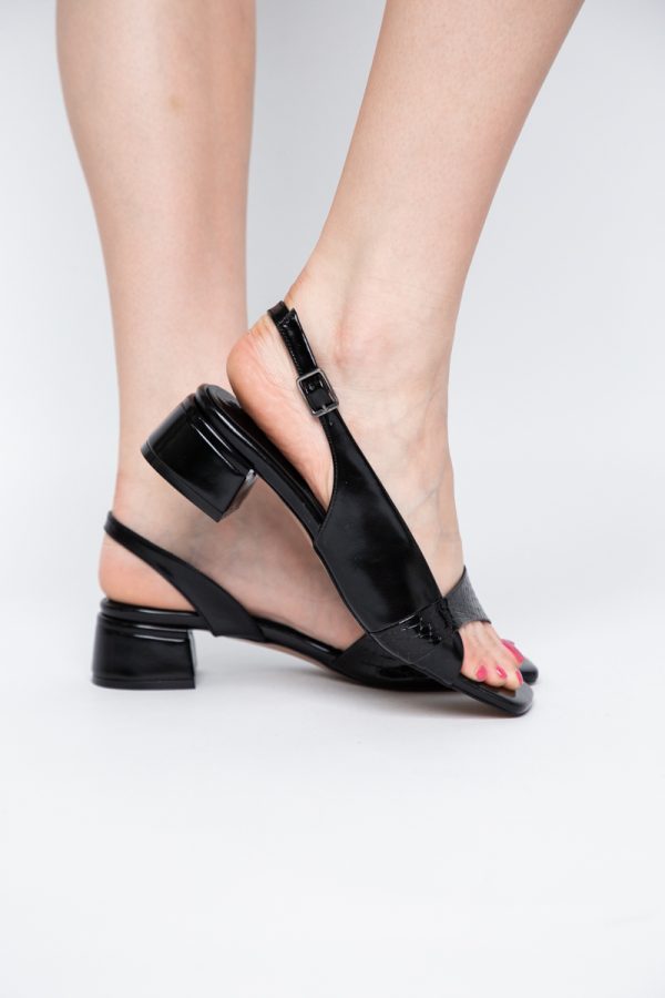 Sandale casual cu toc mic piele ecologică Negru satinat (BS104SN2403913) 119