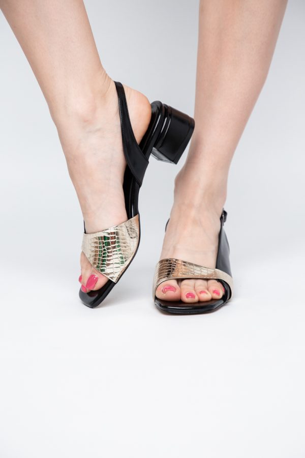 Sandale Casual cu Toc Mic Piele Ecologică Negru cu Auriu (BS104SN2404211) 121