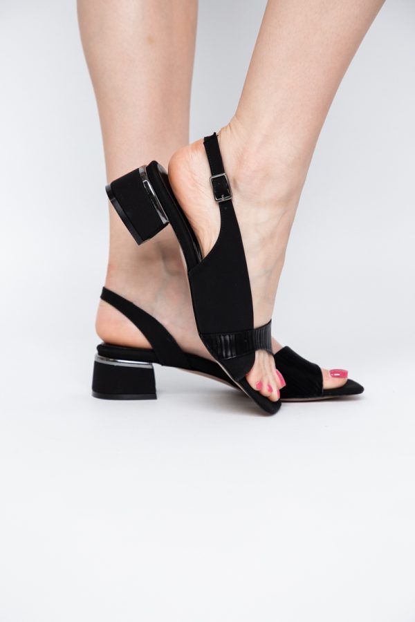 Sandale casual cu toc mic piele ecologică Negru satinat (BS104SN2403913) 119