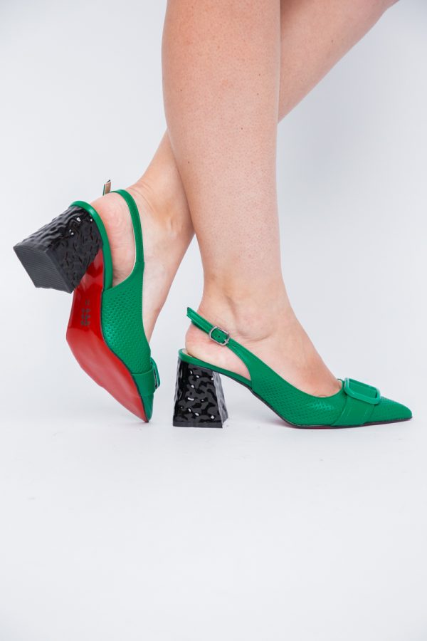Pantofi Dama decupați cu Toc Piele Ecologica cu perforații Verde (BS767AY2404162) 119