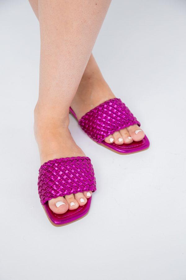 Papuci Dama Piele Ecologica Fuchsia metalic cu model împletit 119