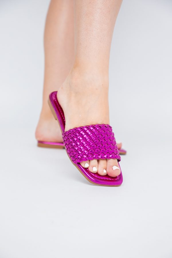Papuci Dama Piele Ecologica Fuchsia metalic cu model împletit 121