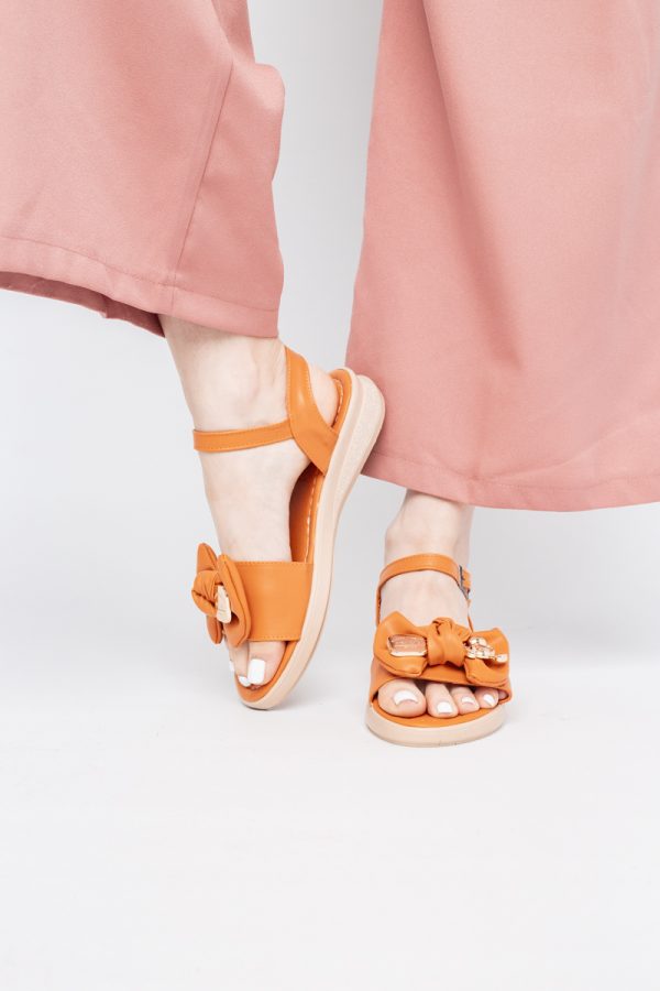 Sandale pentru femei cu fundiță din piele ecologică, culoarea portocaliu (BS410SN2404190) 123
