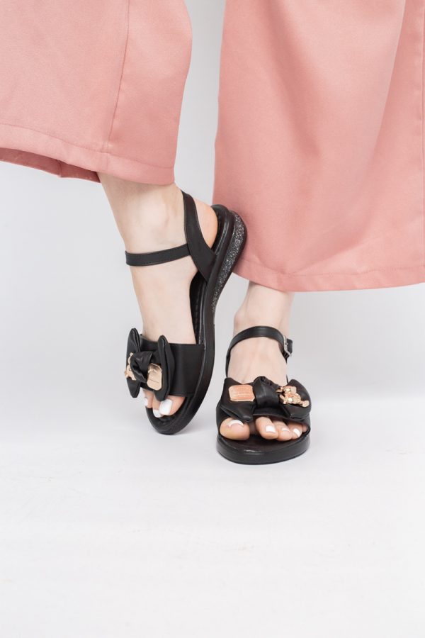 Sandale pentru femei cu fundiță din piele ecologică, culoarea negru (BS410SN2404188) 123