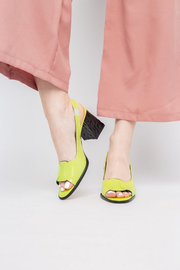 Sandale cu Toc gros Varf Rotund piele ecologică txturată culoare Verde lemon (BS671SN2404158) 121