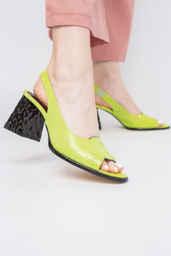 Sandale cu Toc gros Varf Rotund piele ecologică txturată culoare Verde lemon (BS671SN2404158) 119